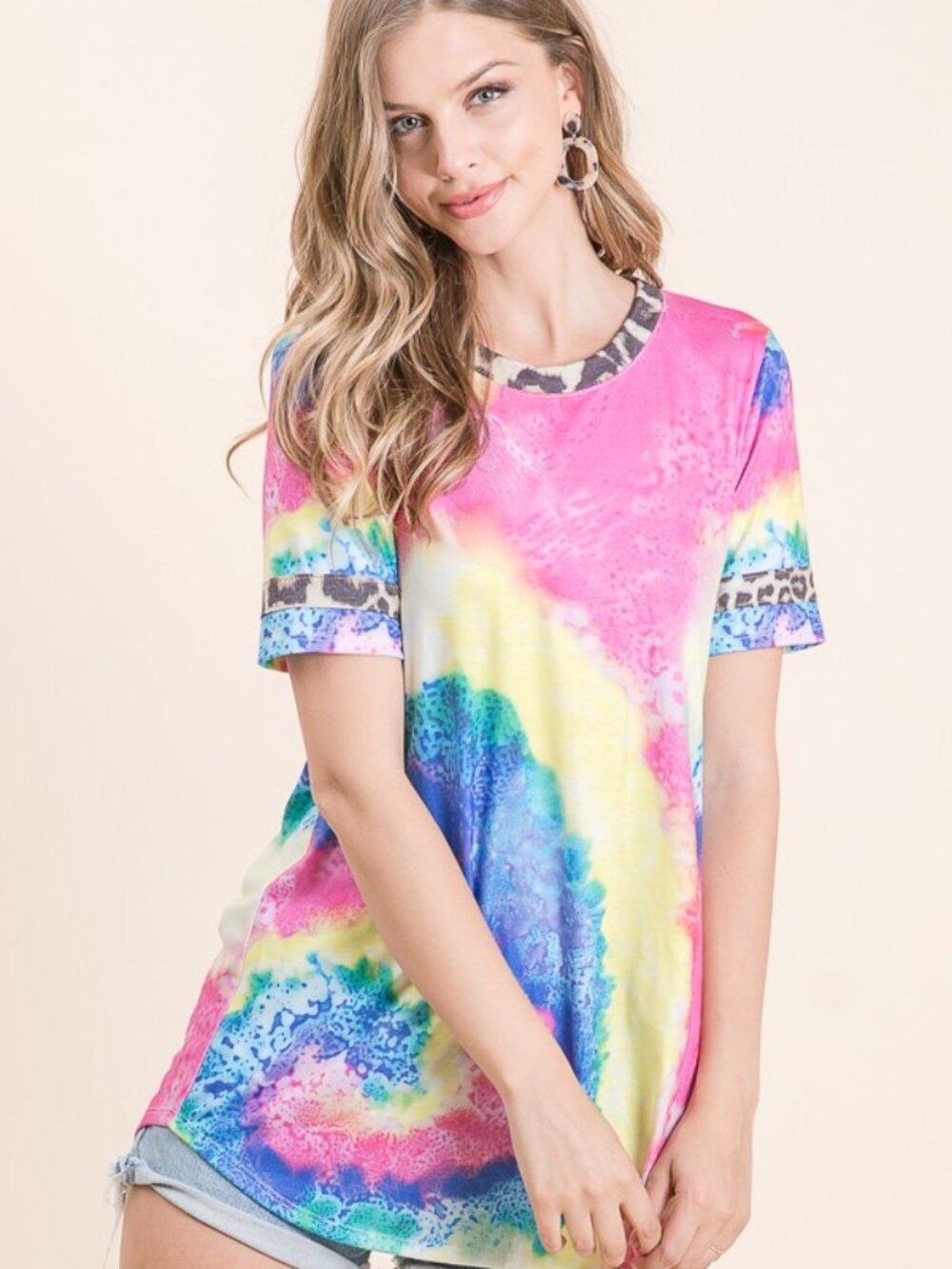Tie Dye Animal Print Contrast Short Sleeve Top